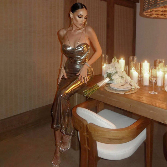 Metallic Coated Fabric Bronzing Color Sling Backless Dress Texture Pile Collar Strapless Dress Backless Nightclub