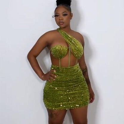 Green See-through Sequin Gauze Wrapped Chest Sloping Shoulder Backless Short Dress for