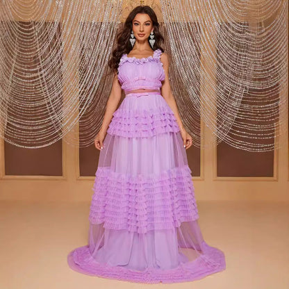 Lace Sling Maxi Dress Sleeveless Cake Multi Layer Stitching Elegant Dress