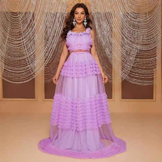 Lace Sling Maxi Dress Sleeveless Cake Multi Layer Stitching Elegant Dress