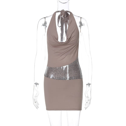 Backless Hollow Out Cutout out Stitching Halter Dress