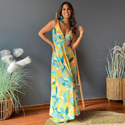 Wear V Neck Brace Printing Elegant A Swing Maxi Dress