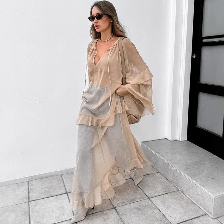 Khaki  Batwing Sleeve Dress Sun Protective Blouse Maxi Dress for