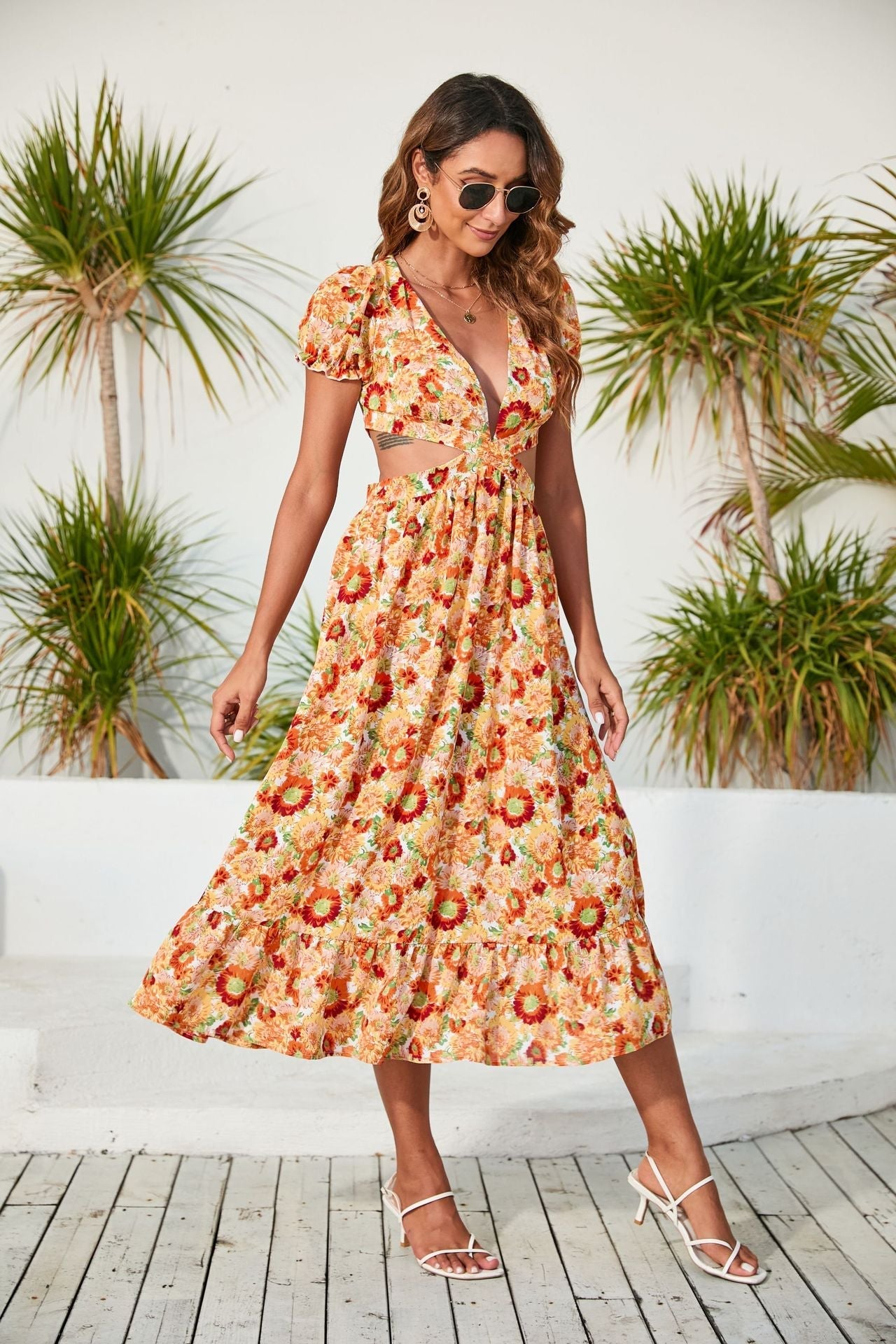V Neck Printed Dress Backless Midi Dress