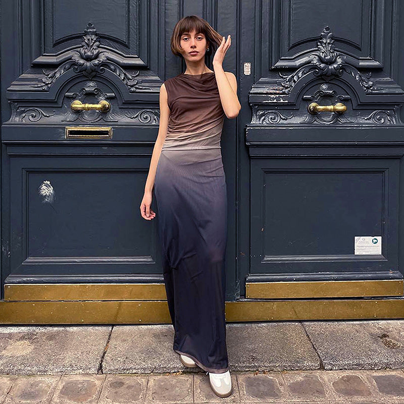 round Neck Sleeveless Tie Dyed Mesh Maxi Dress