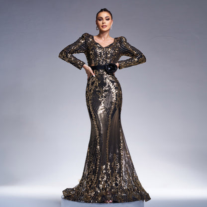 High End Long Sleeved V neck Slim Fit Sheath Cocktail Sequined Fishtail Evening Dress Dress
