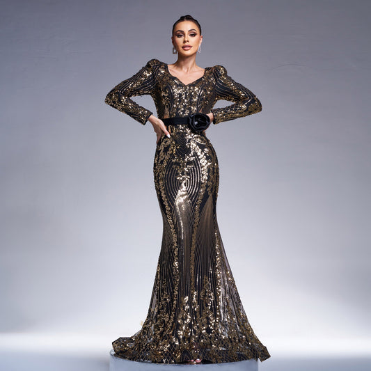 High End Long Sleeved V neck Slim Fit Sheath Cocktail Sequined Fishtail Evening Dress Dress