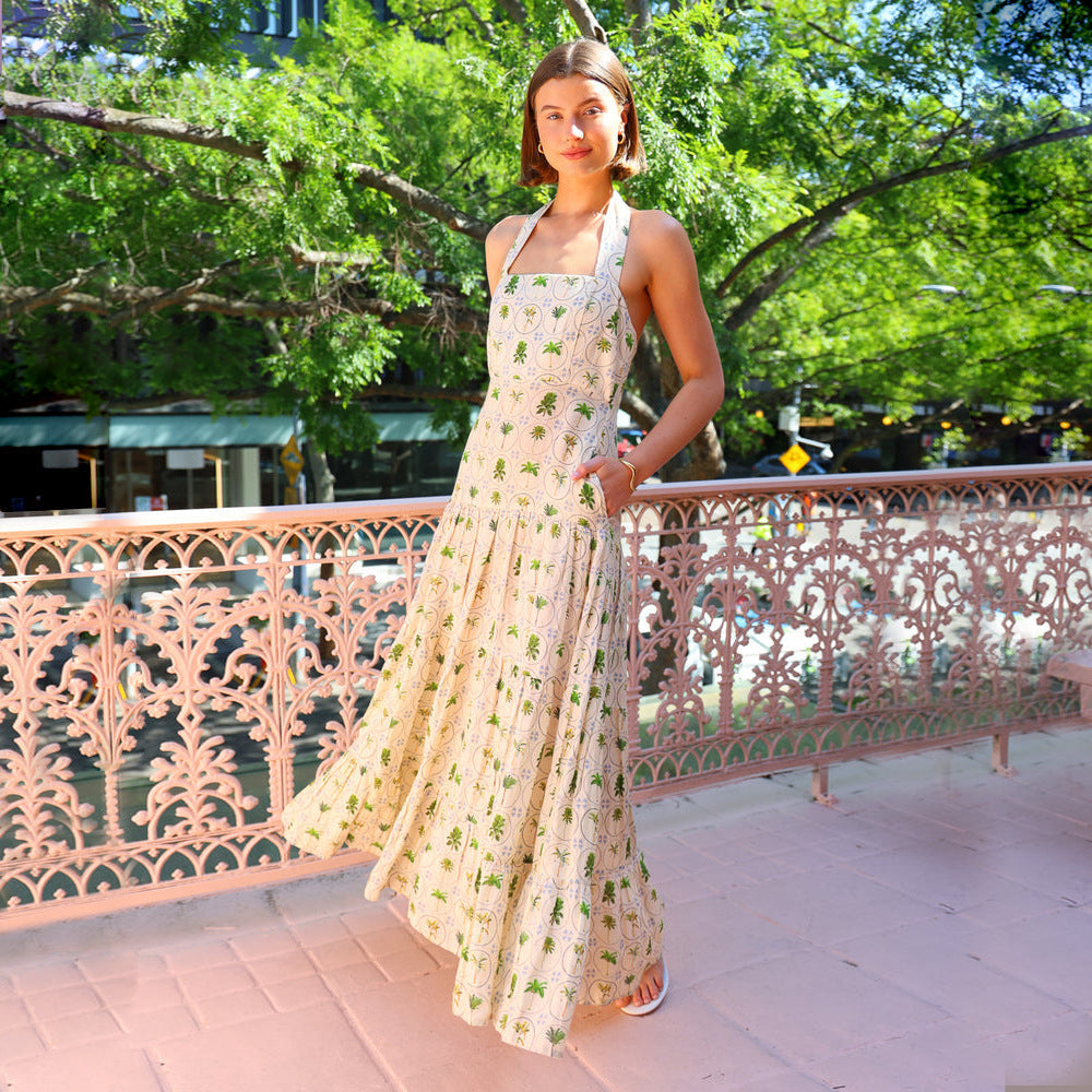 Sweet Printed Sleeveless Halter Big Backless A line Dress