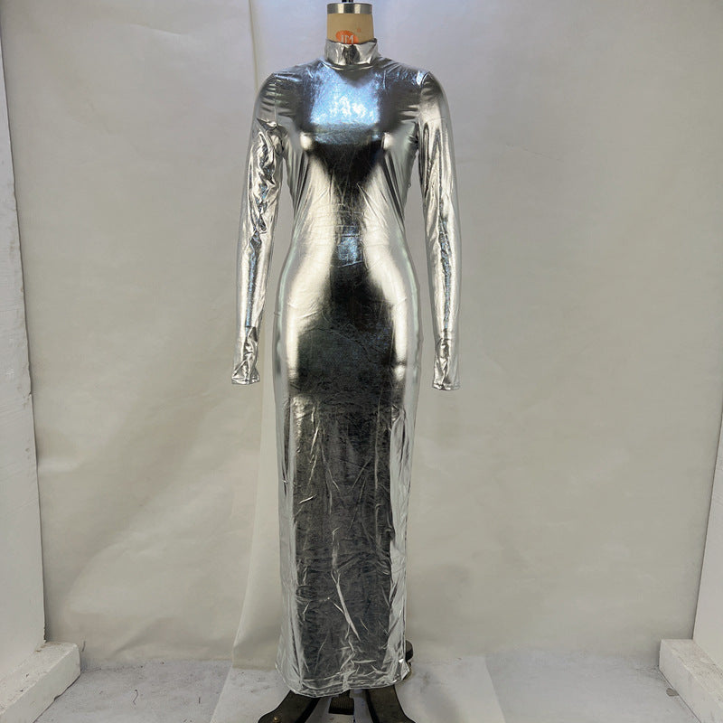 Metallic Backless Skinny Slimming Slim Metallic Coated Fabric Dress