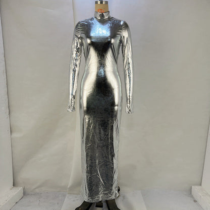 Metallic Backless Skinny Slimming Slim Metallic Coated Fabric Dress