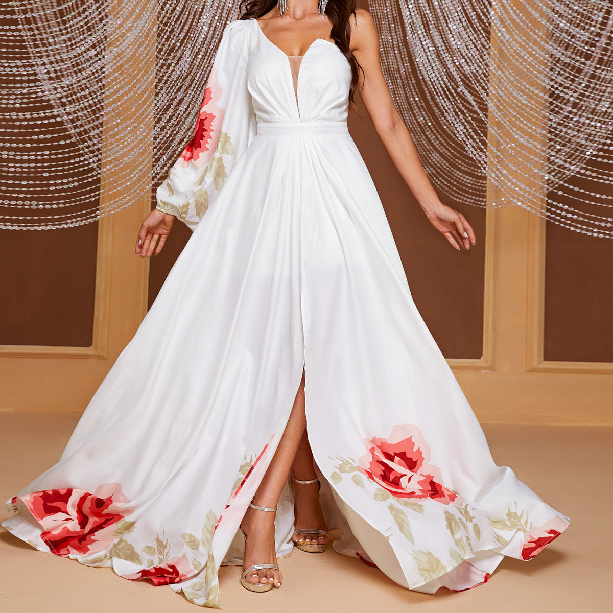 Design Maxi Dress Chiffon Single Sleeve Maxi Dress Split Print Dress