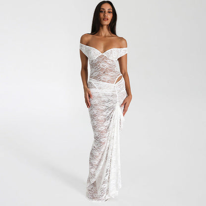 Lace off Shoulder Jumpsuit High Waist Dress See through Set