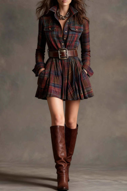 Vintage Lapel Red and Brown Plaid Mini Dress（Includes belt）