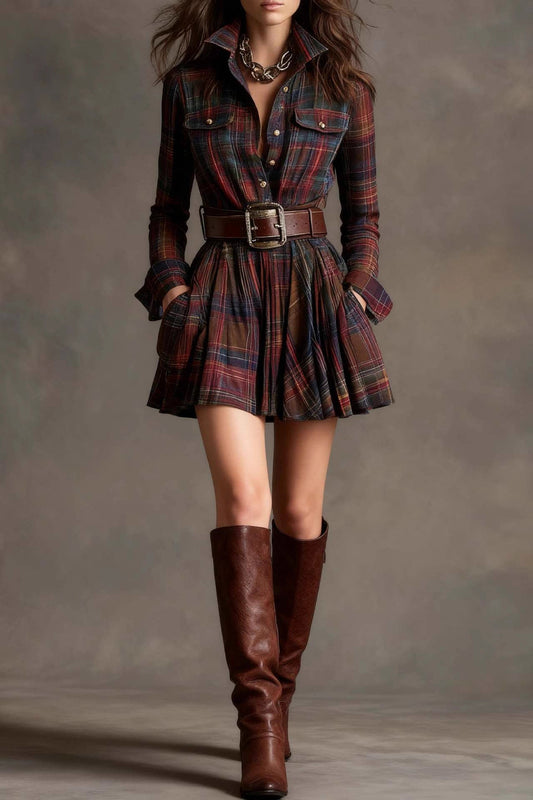 Vintage Lapel Red and Brown Plaid Mini Dress（Includes belt）