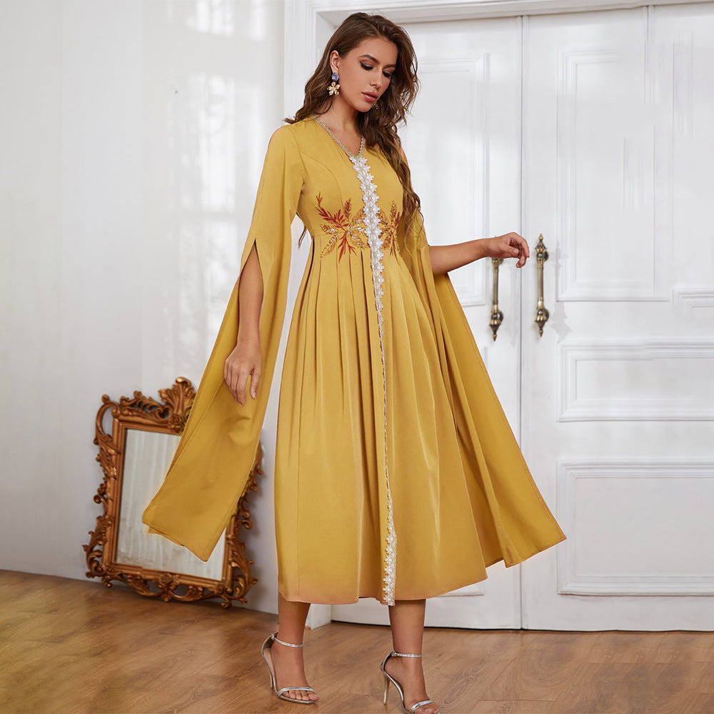Dress  V neck Embroidery Irregular Asymmetric Maxi Dress