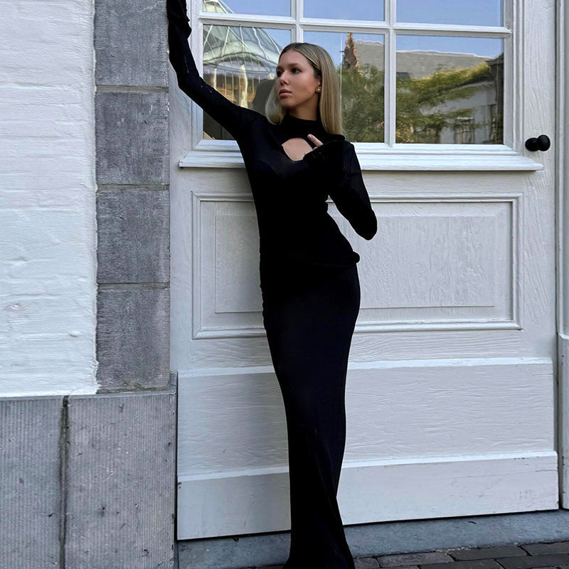 High Collar Hollow Out Cutout Out Knitted Pencil  Elegant Slim Fit Maxi Dress