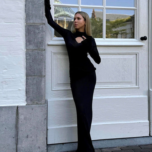 High Collar Hollow Out Cutout Out Knitted Pencil  Elegant Slim Fit Maxi Dress