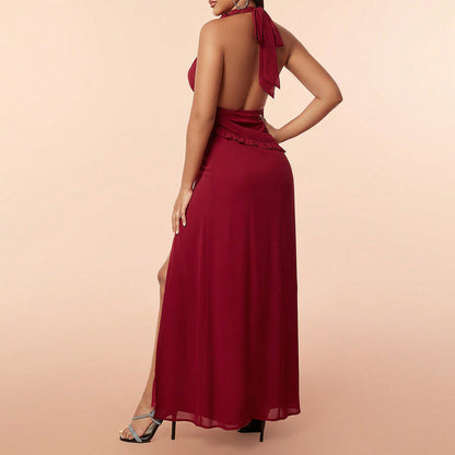 Elegant Dress Halter Sleeveless Tassel Backless High Slit Dress