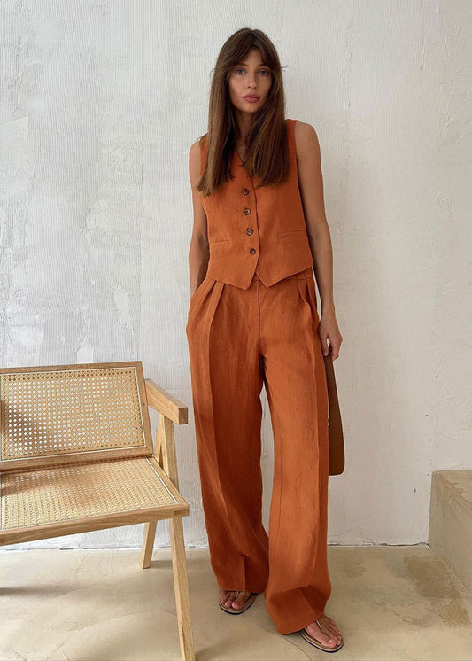 Linen Vest & Wide-Leg Pants Set