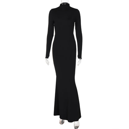 Solid Color Half Collar Long Sleeve Personalized Bare Back Maxi Dress