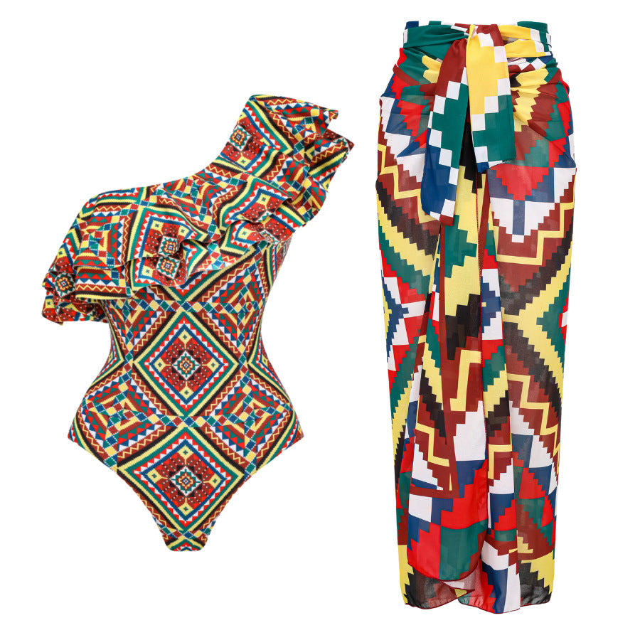 One Piece Swimsuit Bikini Ruffled Printed Swimsuit Chiffon Dress