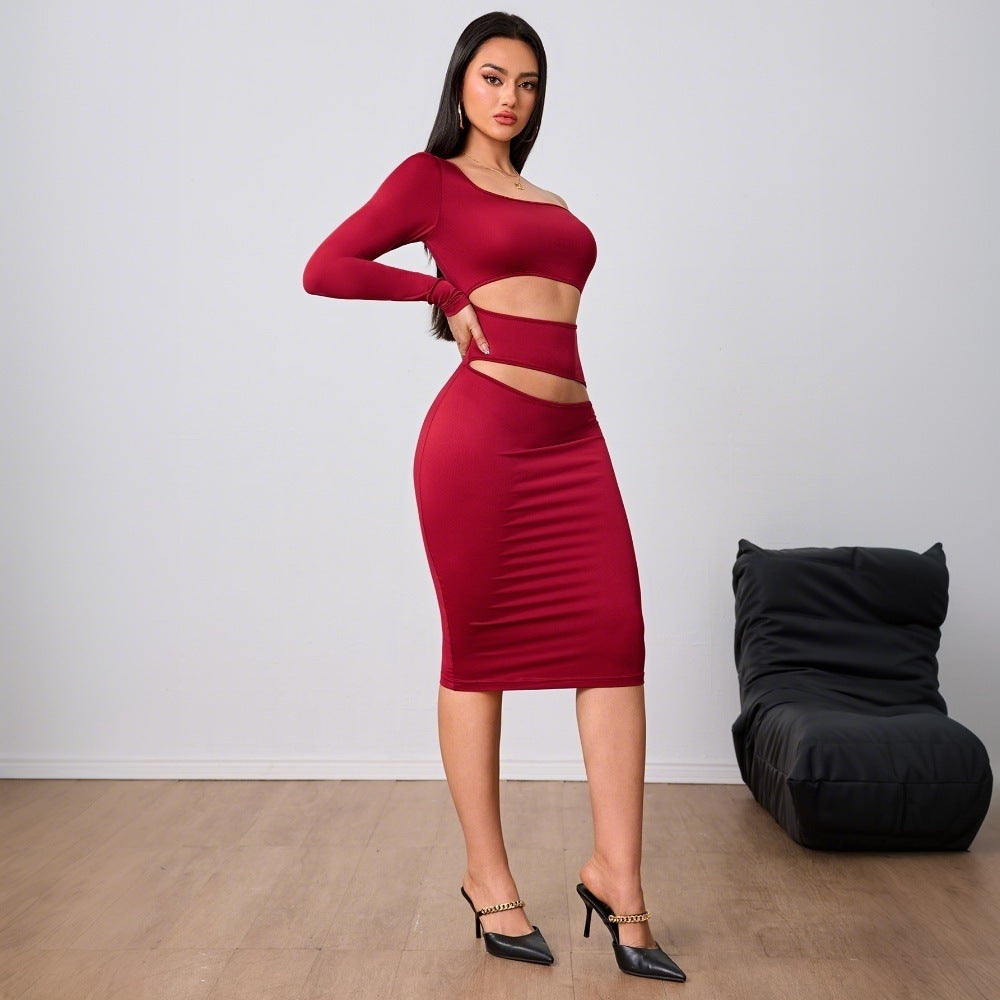 Wine Red Socialite Dress  Single Side Sleeve Midi Dress