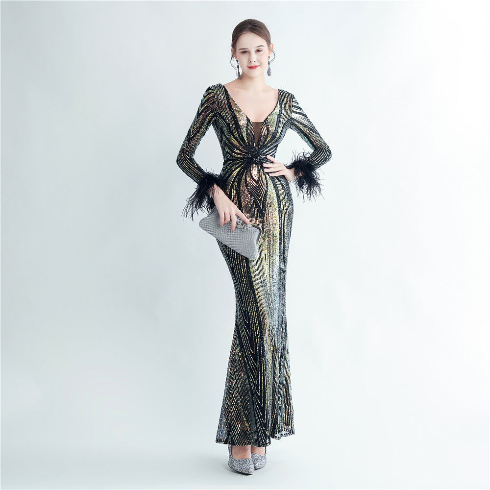 Positioning Floral Sequin Craft Ostrich Feather High End Long Sleeved Evening Dress