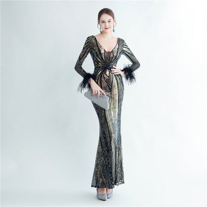 Positioning Floral Sequin Craft Ostrich Feather High End Long Sleeved Evening Dress