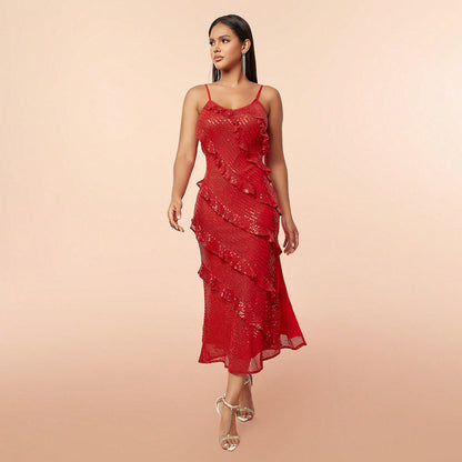 Sequined Backless Strap Long Evening Dress