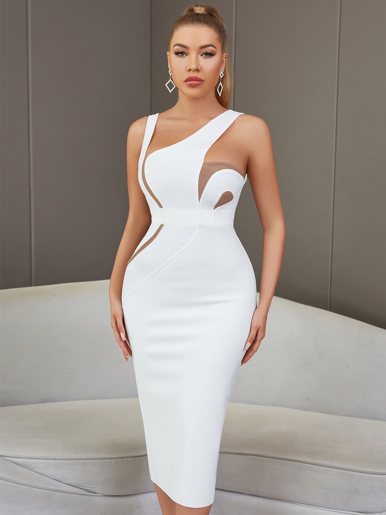 Vest Sleeveless Backless White Mid Length Tight Bandage One Piece Elegant Lady Of Note Evening Dress