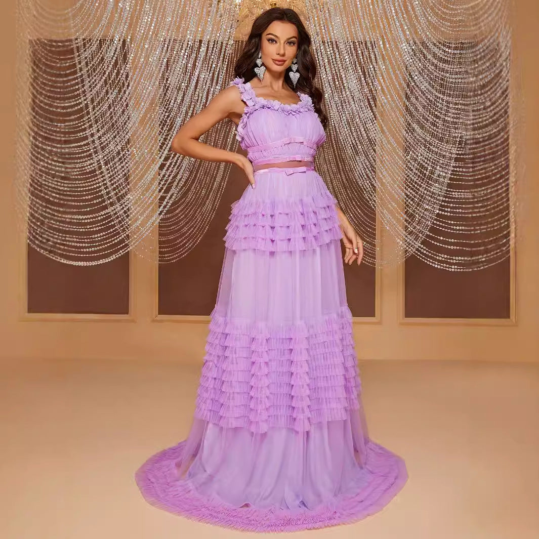 Lace Sling Maxi Dress Sleeveless Cake Multi Layer Stitching Elegant Dress