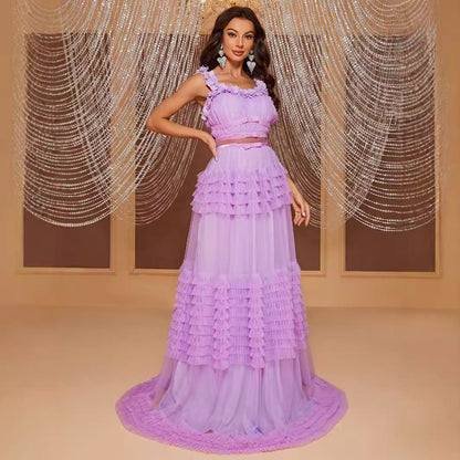 Lace Sling Maxi Dress Sleeveless Cake Multi Layer Stitching Elegant Dress