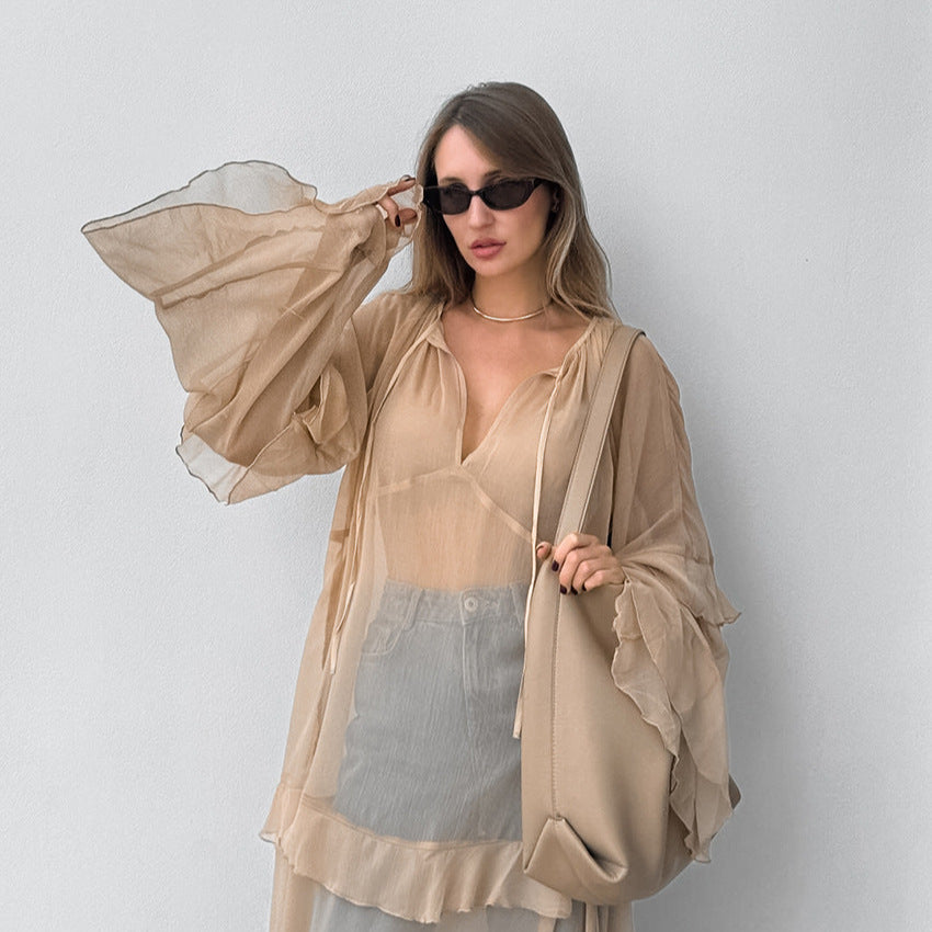 Khaki  Batwing Sleeve Dress Sun Protective Blouse Maxi Dress for