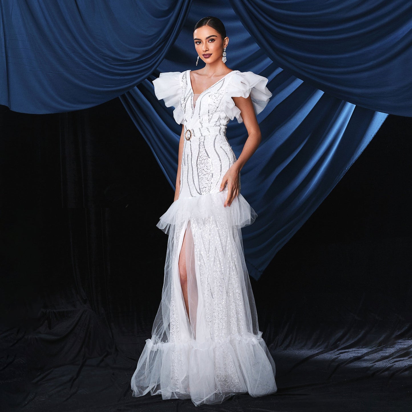 Sleeveless Elegant V Neck Long Sequined Cocktail Fishtail Evening Dress Bridesmaid Dress