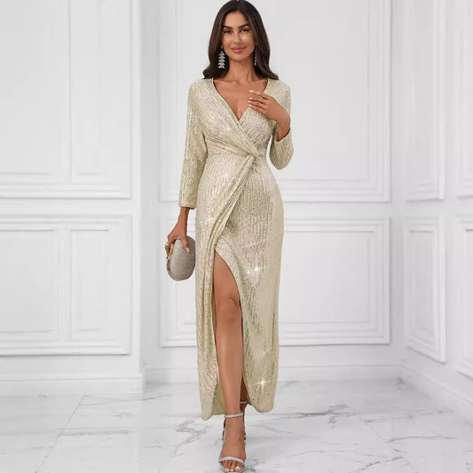 Prom Evening Dress Sequined Long Sleeve Dress Maxi Dress