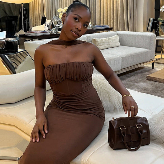 Solid Color Dress Tube Top Halter Cold Shoulder Sleeveless Maxi Dress