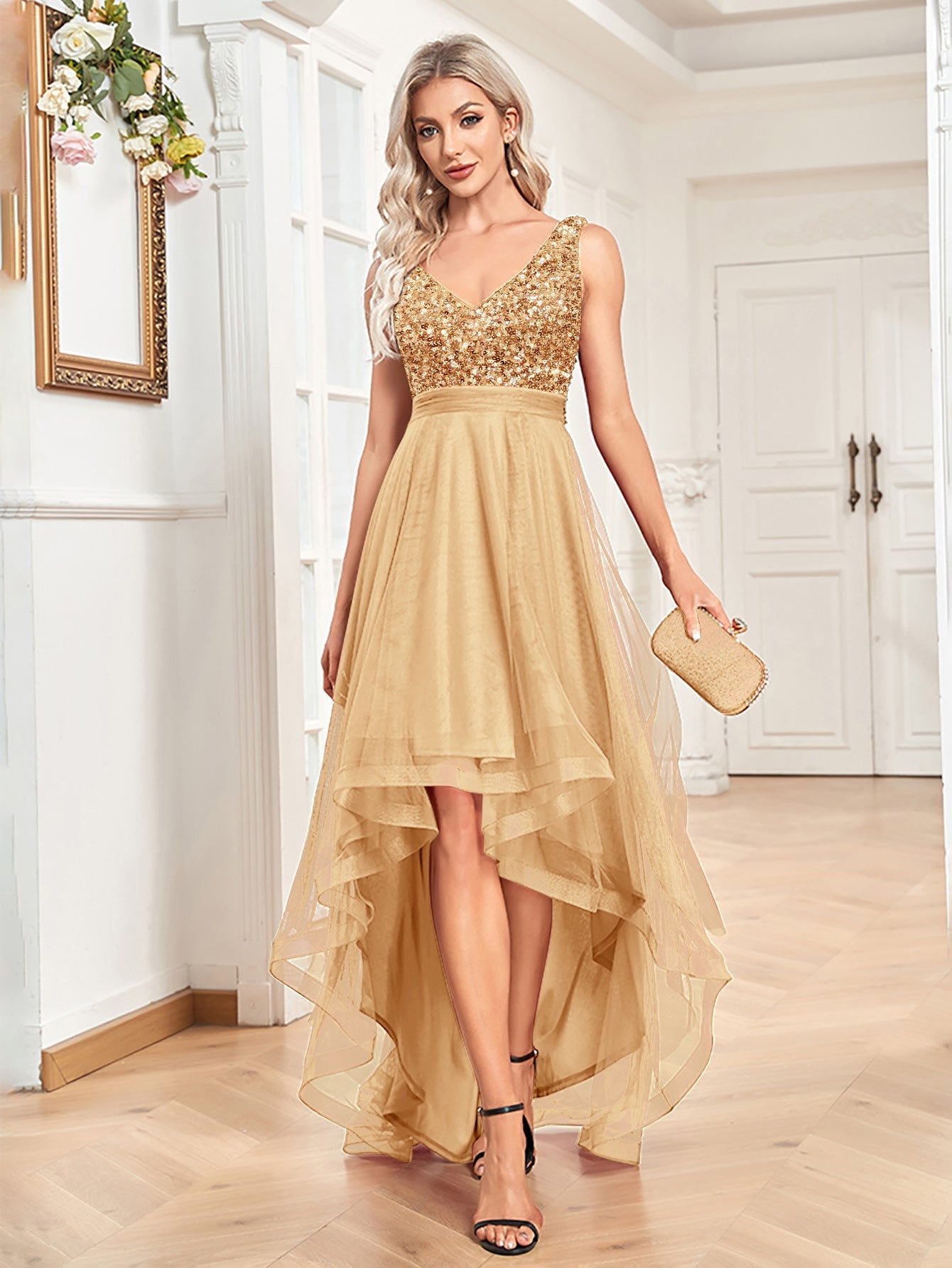 Chiffon Bridesmaid Dress Double V neck Dress Sleeveless A line Large Hem Sequin Stitching Evening Dress