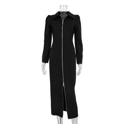 Cardigan Sheath Dress Polo Collar Long Sleeve Zipper Black Dress