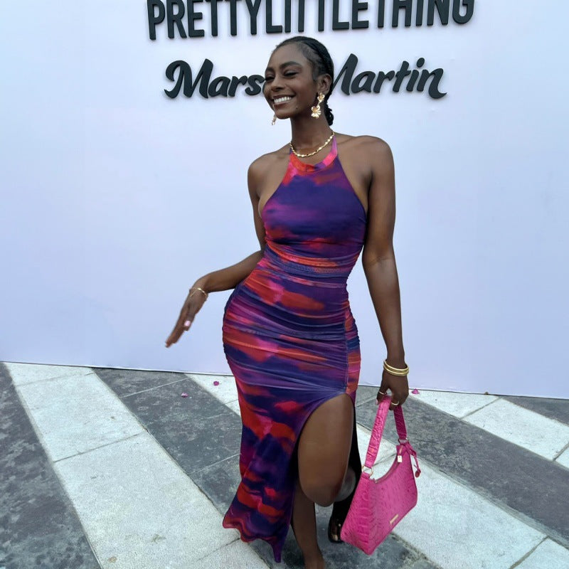 Personalized Printed Pleated Tight Backless Halter Split Dress