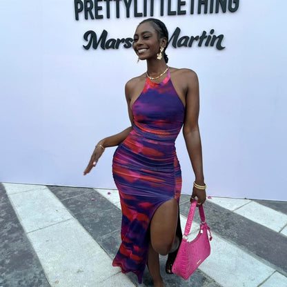 Personalized Printed Pleated Tight Backless Halter Split Dress