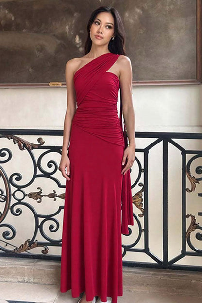 Dark Burgundy Draped Asymmetric Maxi Dress