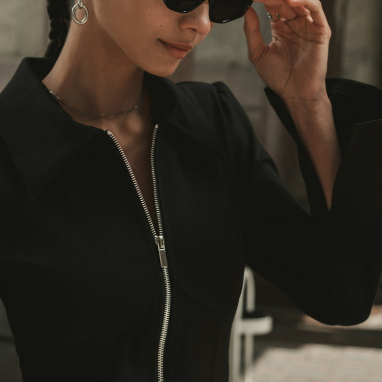 Cardigan Sheath Dress Polo Collar Long Sleeve Zipper Black Dress