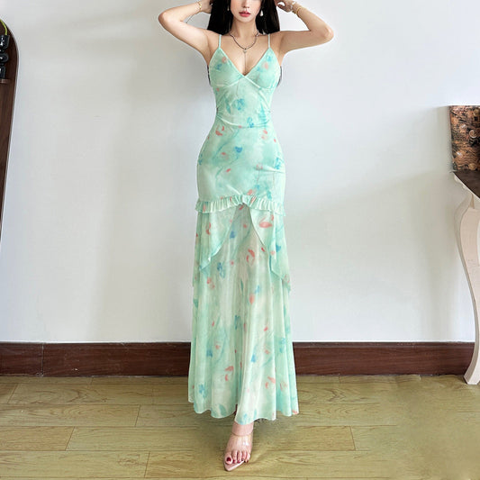 V-neck ruffled fishtail slim maxi dress