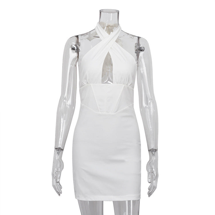 Hip Backless Boning Corset Waist Tight Criss Cross Halterneck Dress