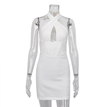 Hip Backless Boning Corset Waist Tight Criss Cross Halterneck Dress