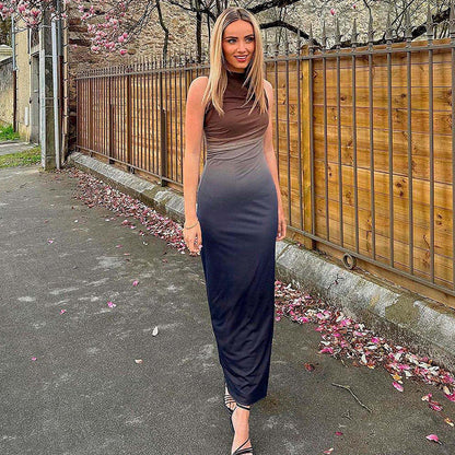 round Neck Sleeveless Tie Dyed Mesh Maxi Dress