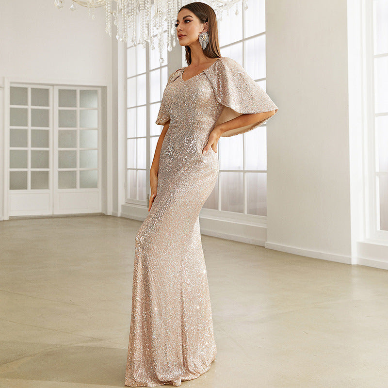 V Neck Sequ Cocktail Sheath Mid Length Bridesmaid Dress Evening Dress