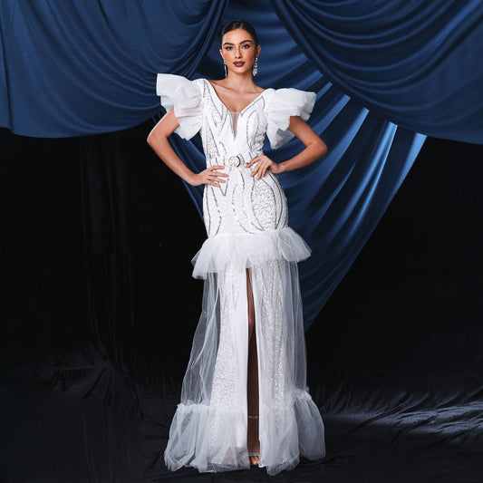 Sleeveless Elegant V Neck Long Sequined Cocktail Fishtail Evening Dress Bridesmaid Dress