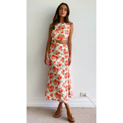 Digital Floral Print Fresh Vestidos Sweet Tie-Neck Sleeveless Estampado Floral Dress