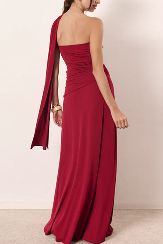 Dark Burgundy Draped Asymmetric Maxi Dress
